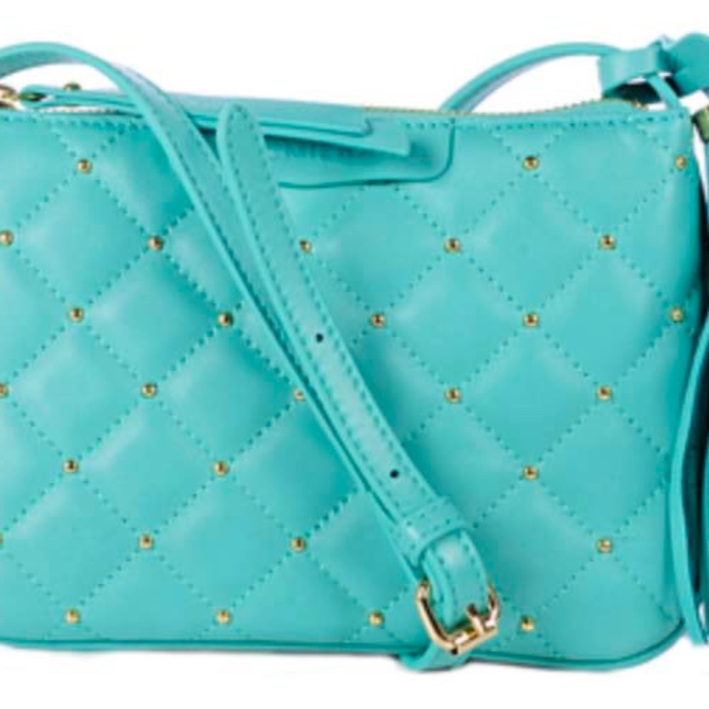 SHOULDER BAG, ISAAC MIZRAHI, SOFT LEATHER, SLIM, QUILTED, TURQUOISE, TOP ZIP